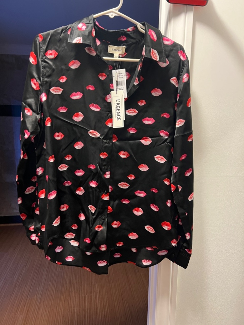 L'AGENCE Black Satin Button-Down Blouse with Red & Pink Lip Print